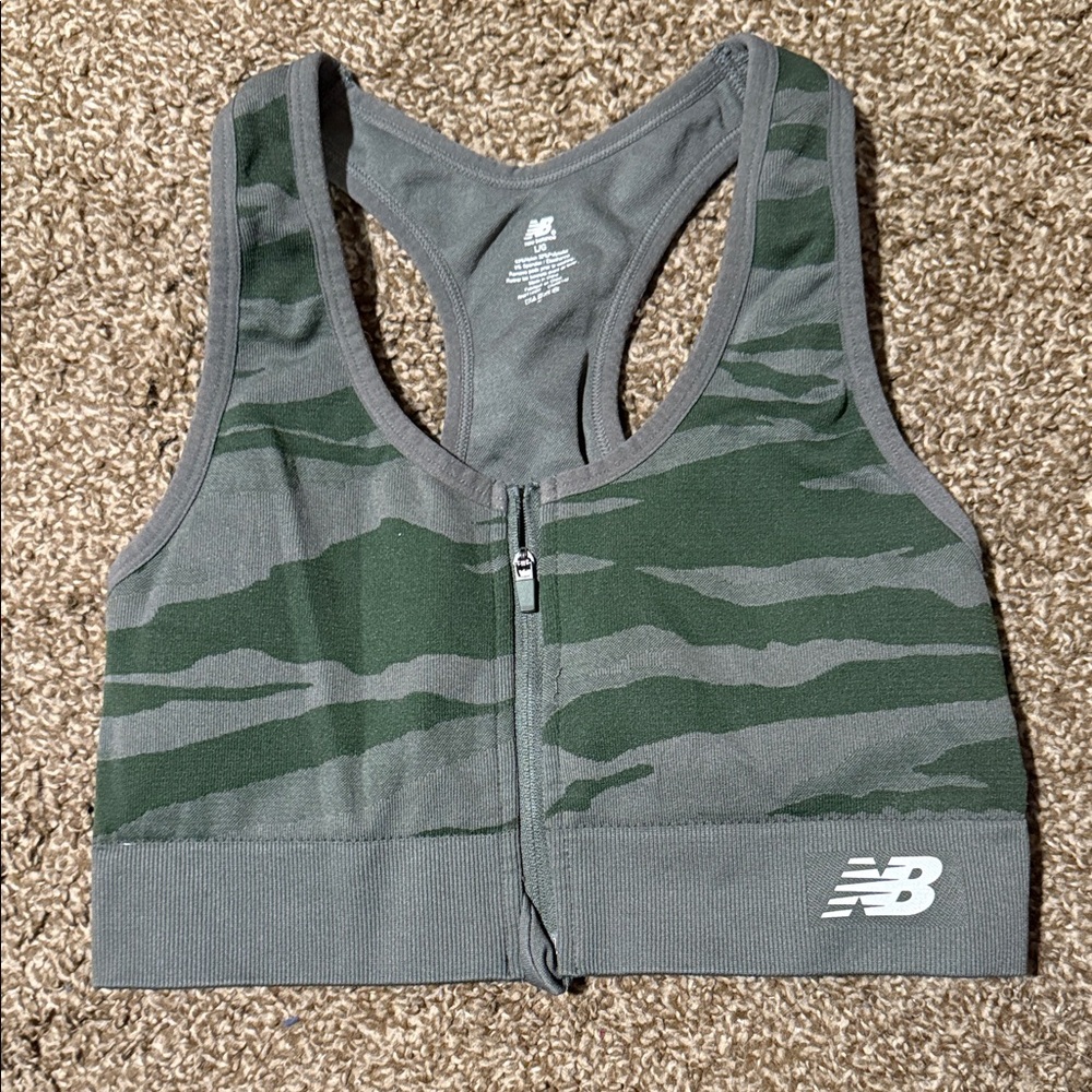 New Balance Women's Zip-Front Camo Sports Bra - Gray and Green